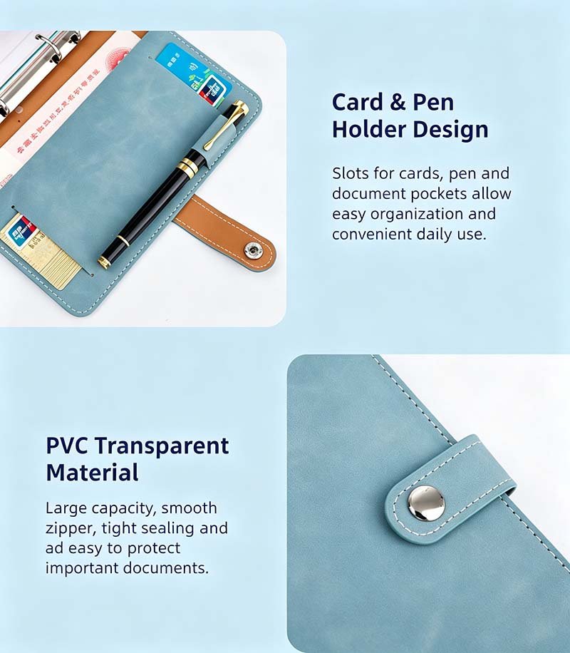 A5 Refillable PU Leather Budget Binder Planner Notebook custom small a6 pu leather snap button pocket notebook