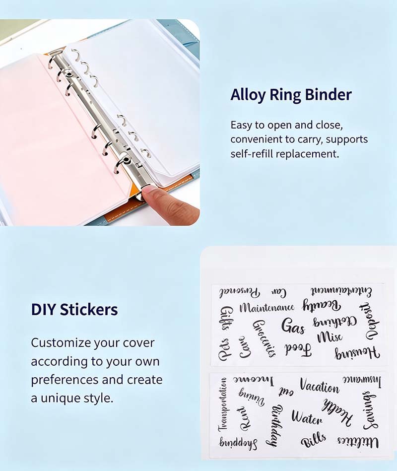 A5 Refillable PU Leather Budget Binder Planner Notebook a6 pu leather refillable binder notebook with pvc zip bags